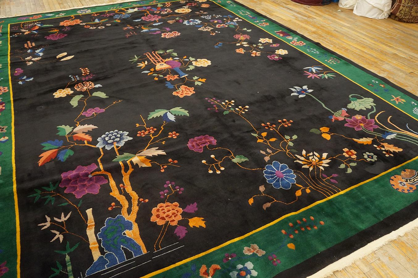 Wool 1920s Black Chinese Art Deco Carpet ( 10' x 13' 6