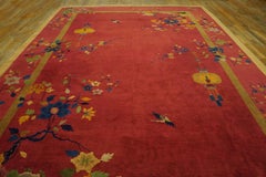 1920s Dark Pink Modern Bird Antique Chinese Art Deco Carpet 10'x14'2'' Wool Rug