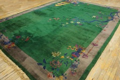 1920s Green Floral Antique Chinese Art Deco Rug 10'1''x13'4'' KnottedWool Carpet