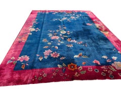 1920s Blue Pink Floral Antique Chinese Art Deco Rug 10' 0" x 13' 6" Wool Carpet