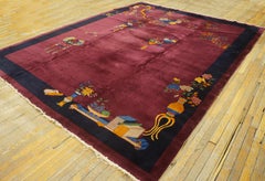 1920s Purple Vase Floral Antique Chinese Art Deco Carpet 9'2" x 11'10" Wool Rug