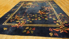 1920 Navy Blue Green Floral Antique Chinese Art Deco Carpet 11'9"x4'9'' Wool Rug
