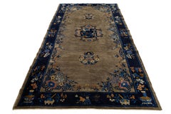 Antique Chinese Art Deco Rug - 1920s Hand-Knotted Wool - Brown & Navy Floral