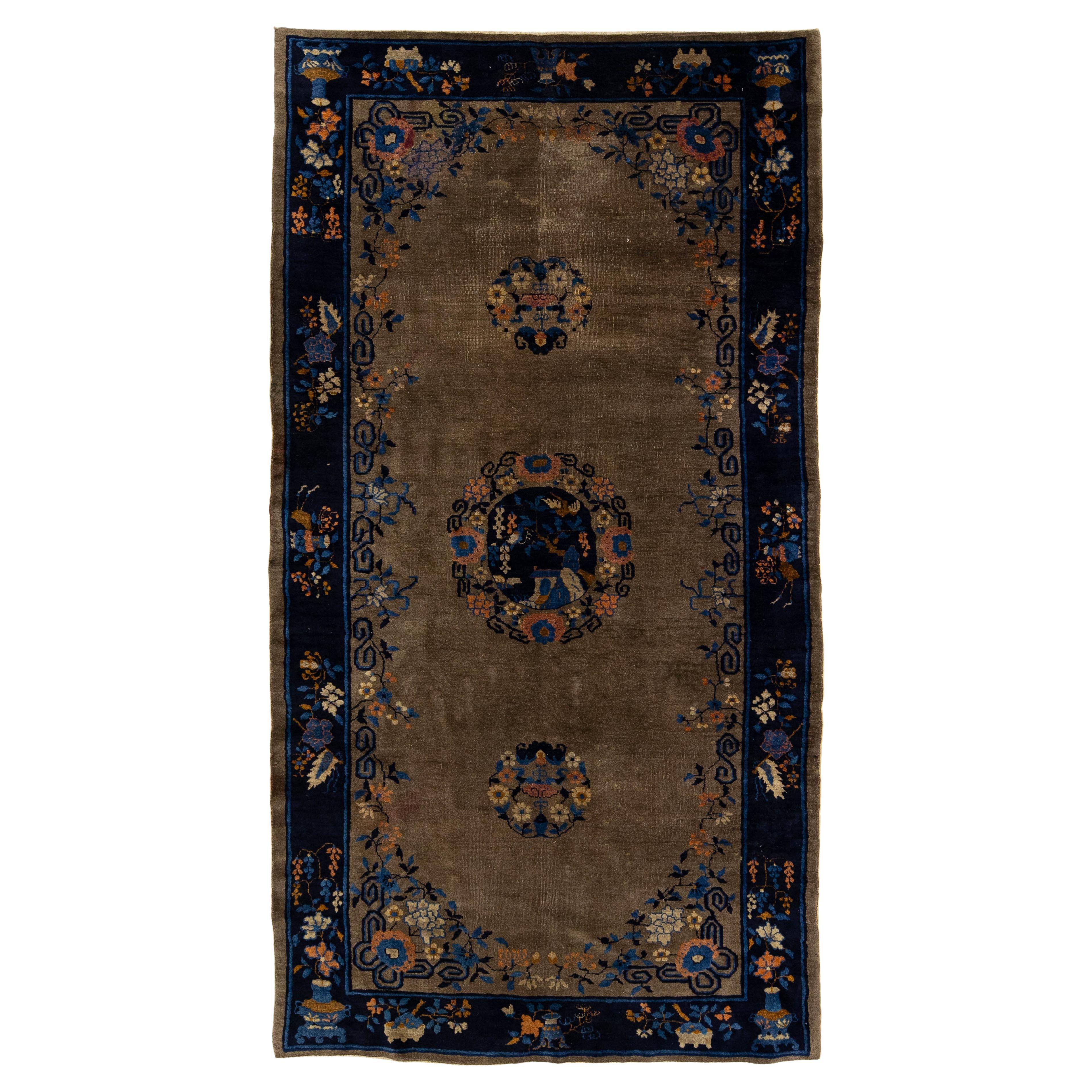 Antico tappeto cinese Art Deco - Anni
20 in lana annodata a mano - Marrone e floreale marino