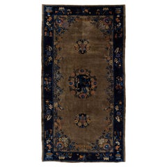 Antiker chinesischer Art-Deco-Teppich - 1920er Jahre handgeknüpfte Wolle - braun & marineblau floral