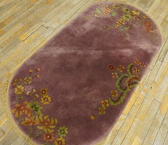 1920s Mauve Open Field Chinese Oval Art Deco Carpet 2'6''x4'8'' Knotted Wool Rug