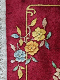1920s Red Floral Antique Chinese Art Deco Rug 2'0"x3'10" Handknotted Wool Carpet