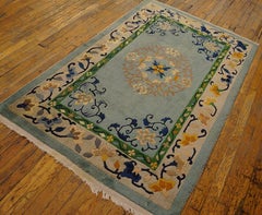 1920s Sky Blue Medallion Antique Chinese Art Deco Carpet 3'7"x5'4" Knotted Rug