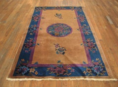 1920s Salmon Floral Antique Chinese Art Deco Carpet 4' x6'10" Handwoven Wool Rug