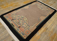 1920s Ecru Geometric Antique Chinese Art Deco Carpet 4'x6'9'' Knotted Wool Rug