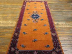 1920s Salmon Medallion Antique Chinese Art Deco Carpet 4 x 10' Wool Rug Runner