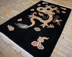 1980s Black Warm Earth Tone Vintage Chinese Dragon Carpet 5'7" x 8'7" Wool Rug