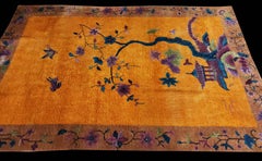 Yellow Wool Chinese Art Deco Hand Knotted Pile Antique 1920s Floral Rug