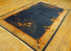 1920s Blue Animal Floral Antique Chinese Art Deco Carpet 6'x8'9" Hooked Wool Rug