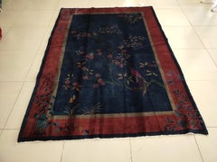 1920s Blue Navy Floral Antique Chinese Art Deco Carpet 6' x8'8" Knotted Wool Rug