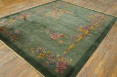 1920s Green Floral Antique Chinese Art Deco Carpet 7'10''x9'7'' Knotted Wool Rug