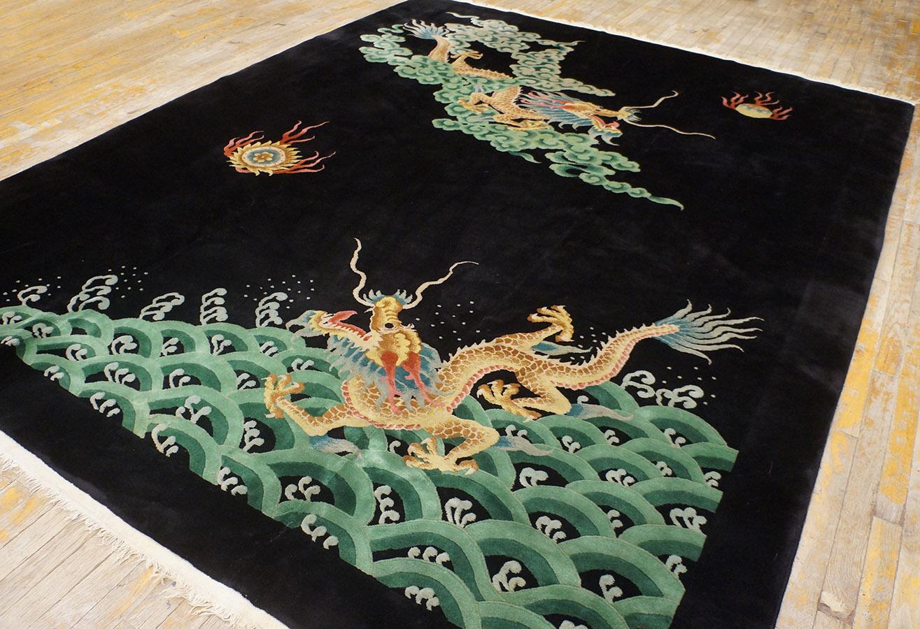 1920s Chinese Art Deco Carpet on Black Background with Dargons & Flaming Pearls 
( 7'10