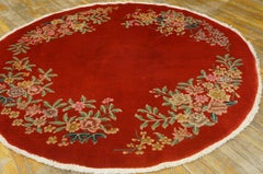 1930s Red & Colorful Floral Antique Chinese Art Deco Rug 7' Round Wool Carpet