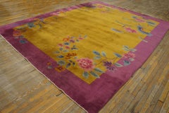 1920s Orange Daisies Antique Chinese Art Deco Carpet 8'10''x11'4'' Wool Rug