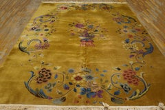 1920s Yellow Floral Antique Chinese Art Deco Rug 8'8"x11'4" Knotted Wool Carpet