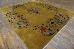 1920s Yellow Floral Antique Floral Chinese Art Deco Carpet 8'8" x 11'4" Wool Rug