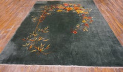 1930s Green Yellow Orange Antique Chinese Art Deco Carpet 8'9" x 11' Wool Rug