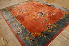1920s Burnt Orange Floral Antique Chinese Art Deco Knotted Wool Rug 8'9" x 11'3"