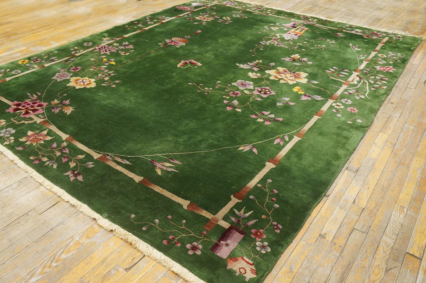 1920s Chinese Art Deco Carpet By Nichols Workshop.
Forest Green Background,  8 9'' x 11'4'' - 266 x 345 
