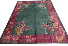 1920s Green Pink Floral Antique Chinese Art Deco Carpet 8'9" x 11'3" Wool Rug