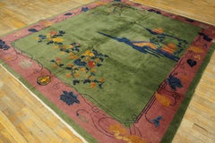 Superb Green Color With Blue Watery Clouds Floral Design Antique Chinese Rug