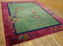 1920s Green Floral Antique Chinese Art Deco Rug 8'0"x9'4" Knotted Wool Carpet