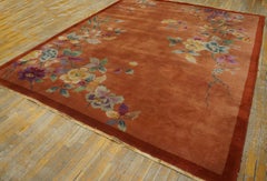 1920s RedRust Floral Antique Chinese Art Deco Rug 8' x 9' 6" Knotted Wool Carpet