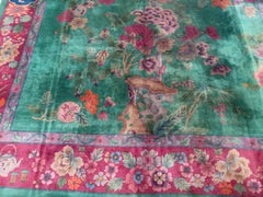 Classic Minimalist Floral Design Green Background Antique Chinese Art Deco Rug