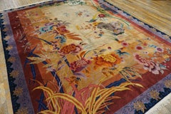1920s Scenic Red Gold Ivory Antique Chinese Art Deco Carpet 8'10"x11'6" Wool Rug