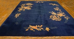 1920s Navy Blue Open Field Floral Antique Chinese Art Deco Carpet Rug