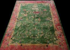 1920s Green Pink Antique Chinese Art Deco Carpet 8'10" x 11'6" Wool Vase Rug