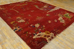 1920s Red Floral Antique Chinese Art Deco Water Bird Rug 8'2" x 9'8" Wool Carpet