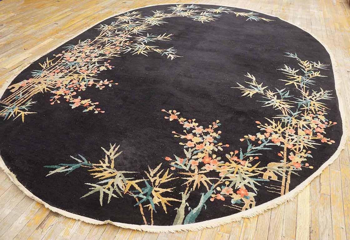 Hand-Knotted 1930s Bamboo Design Oval Black Chinese Art Deco Carpet (8'4