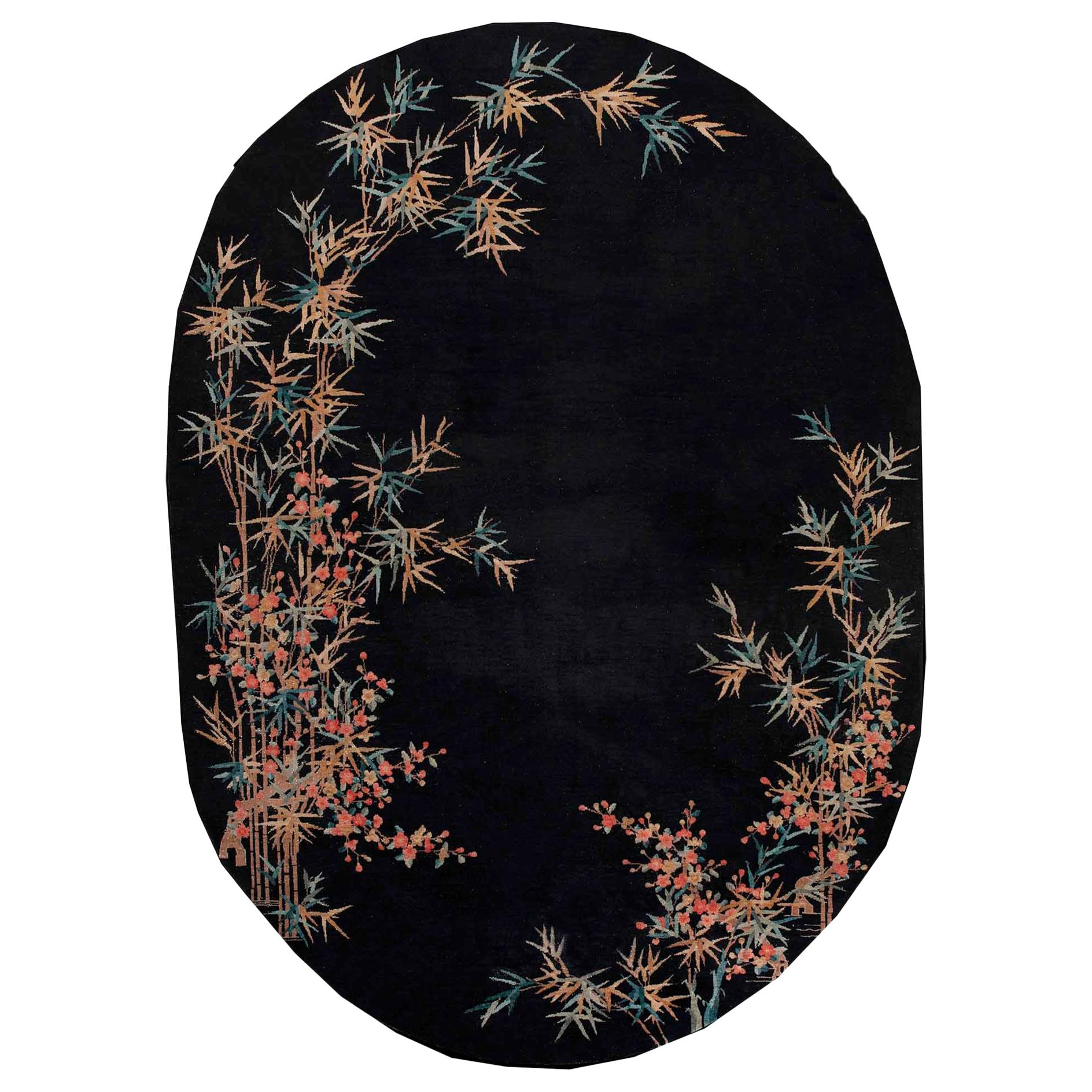 1930s Bamboo Design Oval Black Chinese Art Deco Carpet (8'4" x 11'8" - 255 x355) For Sale