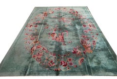 1920s Green Color Floral Antique Chinese Art Deco Rug 8'6" x 11'4" Wool Carpet