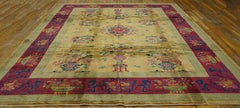 1920s Yellow Vase Floral Antique Chinese Art Deco Carpet 8'9"x11'6" Wool Rug