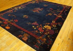 1920s Navy Red Floral Antique Chinese Art Deco Rug 8' 9" x 11' 6" Wool Carpet
