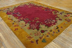 1920s Fuschia Floral Antique Chinese Art Deco Carpet 8'9"x11'1" Knotted Wool Rug