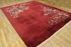 1930s DeepRed Floral Antique Chinese Art Deco Rug 8'9"x11'4" Knotted Wool Carpet