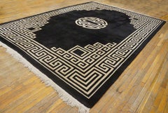 1930s Black GreekKey Antique Chinese Art Deco Carpet 8'9"x11'8" Wool Rug Knotted