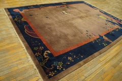 1920s Tan Taupe Floral Antique Chinese Art Deco Rug 9'x12' Pile Knotted Wool Rug