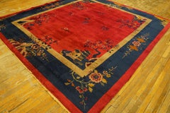 1920s Red Floral Antique Chinese Art Deco Rug 9' x 9'9'' Handknotted Wool Carpet
