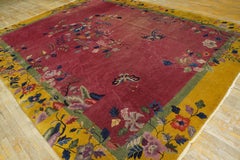 1920s Red Floral Birds Antique Chinese Art Deco Carpet 9'x12' Knotted Wool Rug