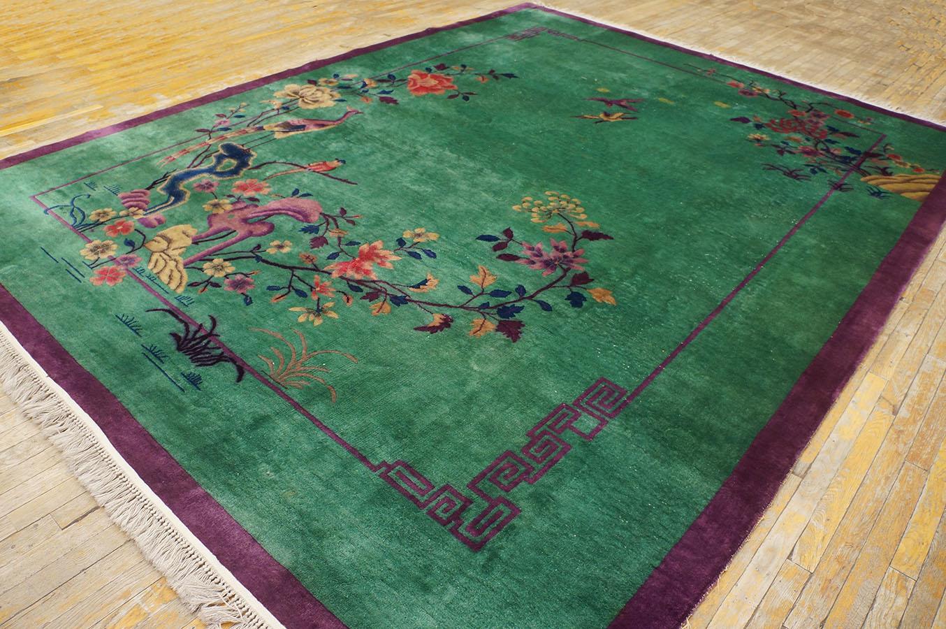 1920s Chinese Art Deco Carpet ( 9' x 11' 8'' - 275 x 355 cm )
With green background .
Floral design with plain small purple border,