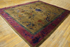 1920s Yellow Gold Floral Vase Antique Chinese Art Deco Carpet 9'x11'4" Wool Rug